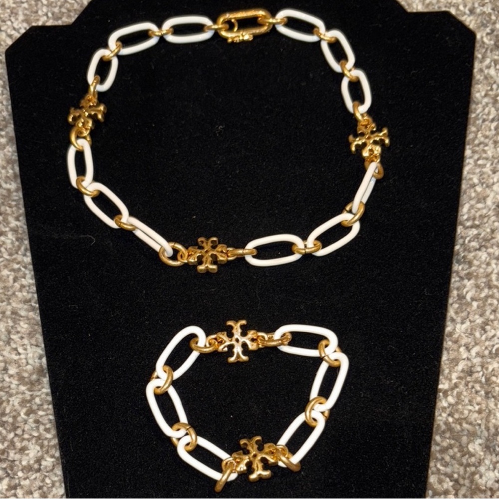 Tory Burch gold white link chunky necklace and bracelet set $398